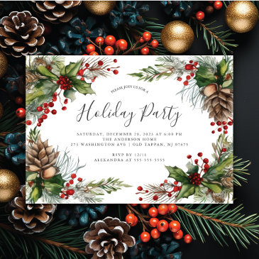 rustic pinecones holly berry christmas party invitation