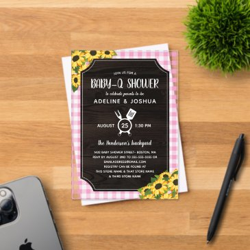 rustic pink gingham sunflowers girl baby-q shower acrylic invitations