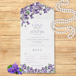 Small Rustic Purple Violets Gold Sparkle Dinner Wedding All In One Invitation Front View