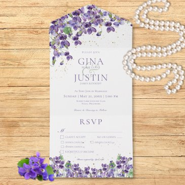 rustic purple violets gold sparkle dinner wedding all in one invitation