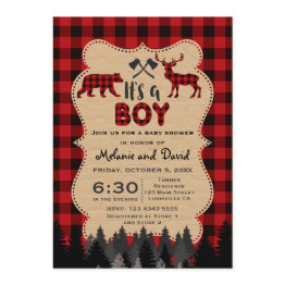 Small Rustic Red Buffalo Lumberjack Boy Baby Shower Invitation Front View