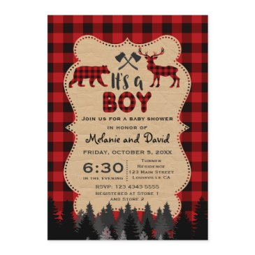 rustic red buffalo lumberjack boy baby shower invitation