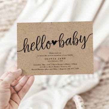 rustic script kraft hello baby sip and see shower invitation