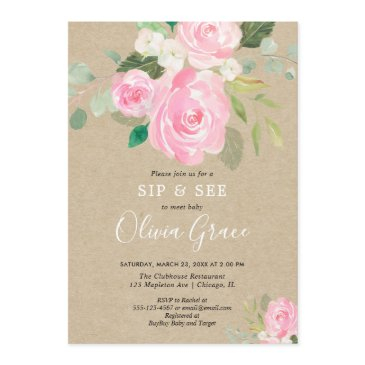 rustic sip and see floral watercolors blush pink invitation
