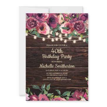 rustic string lights purple floral 40th birthday invitation