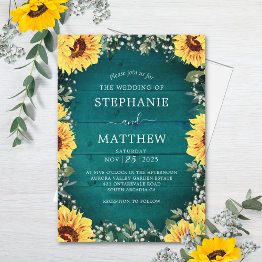 Small Rustic Sunflower Babys Breath Border Teal Wedding Invitation Front View