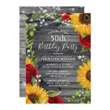 rustic sunflower burgundy rose wood birthday party invitation