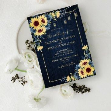 rustic sunflower navy blue wood floral wedding invitation