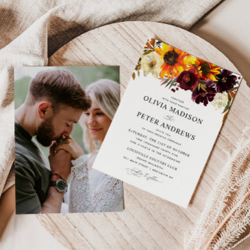 rustic sunflower rose burgundy fall photo wedding invitation