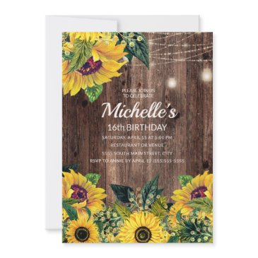 rustic sunflower string lights 16th birthday invitation