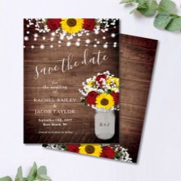 Small Rustic Sunflowers Roses Jar Lights Save The Date Postinvitations Front View