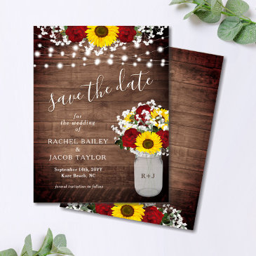 rustic sunflowers roses jar lights save the date postinvitations