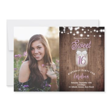 rustic sweet 16 mason jar lights purple birthday invitation