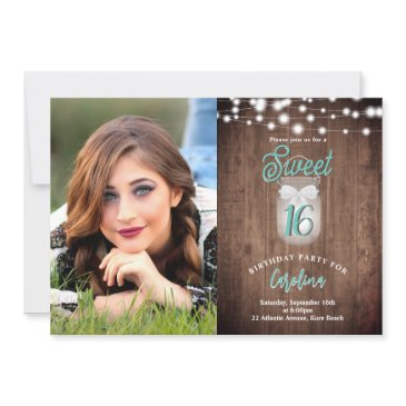rustic sweet 16 mason jar lights teal birthday invitation