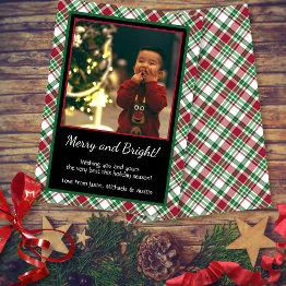 Small Rustic Tartan Plaid Merry & Bright Photo Christmas Holiday Invitations Front View