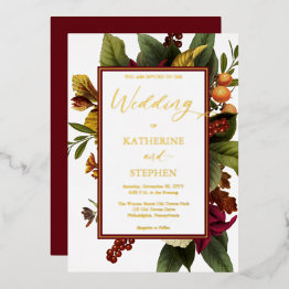Small Rustic Teal | Orange | Red Floral Bouquet Wedding Foil Invitation Front View