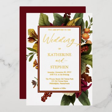 rustic teal | orange | red floral bouquet wedding foil invitation