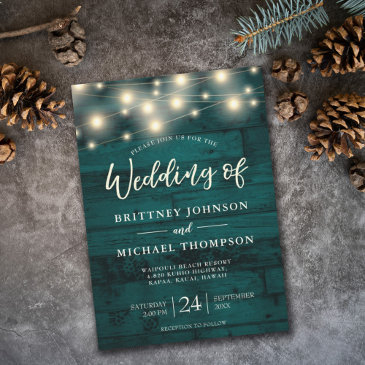 rustic teal wood string lights wedding invitation