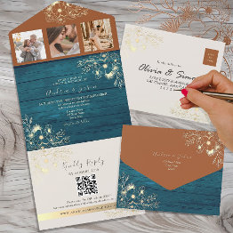 Small Rustic Terracotta Teal Fall Wedding All In One Invitation Front View