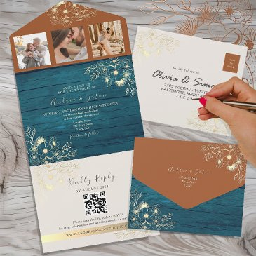 rustic terracotta teal fall wedding all in one invitation