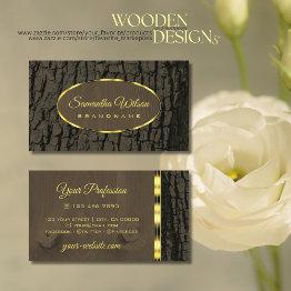 Small Rustic Tree Bark Dark Brown Wood Grain Gold Border Business Invitations Front View