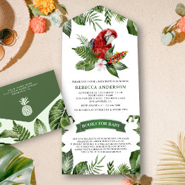 Small Rustic Tropical Jungle Cute Macaw Baby Shower All In One Invitation Front View