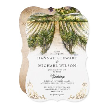 rustic watercolor elegant vineyard wedding invitation