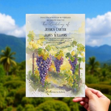 rustic watercolor lemons grapes vineyard wedding invitation