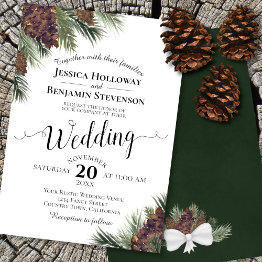Small Rustic Watercolor Pinecones Elegant Winter Wedding Invitation Front View