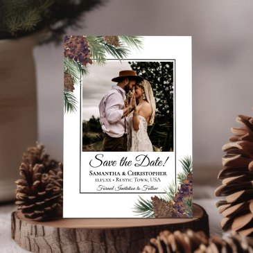rustic watercolor pinecones square photo wedding save the date