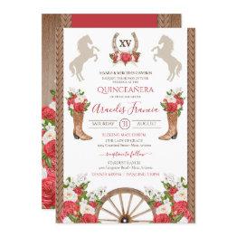 Small Rustic Western Ranch Red Cowgirl/charra Quinceanos Invitation Front View