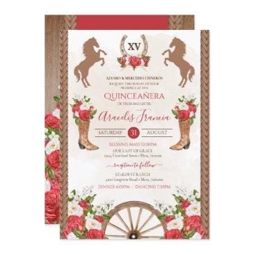 rustic western red flor cowgirl charra quinceanera invitation