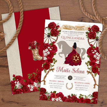 rustic western red roses floral charro quinceanera invitation