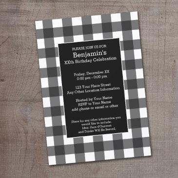 rustic white & black buffalo plaid birthday party invitation