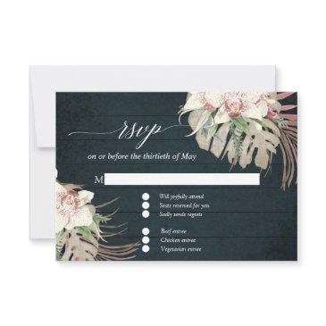 rustic white orchid tropical floral navy wood rsvp