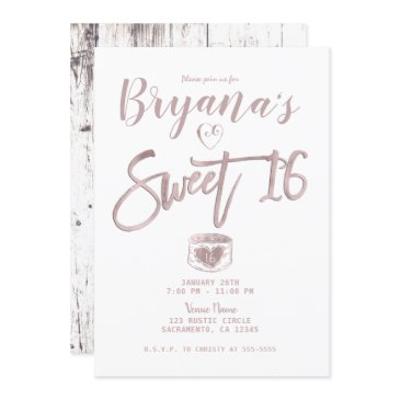 rustic white wood rose gold pink sweet 16 party invitation