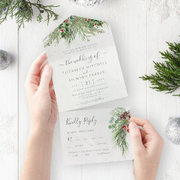 Small Rustic Winter Berries Pine Cone Greenery All In One Invitation Front View