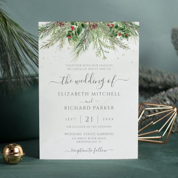 rustic winter berries pine cone greenery wedding invitation
