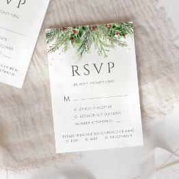 Small Rustic Winter Berries Pine Cone Greenery Wedding Rsvp Invitations Front View