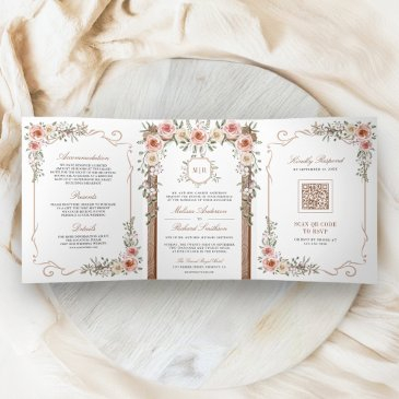 rustic wood boho floral all in one canopy wedding tri-fold invitation