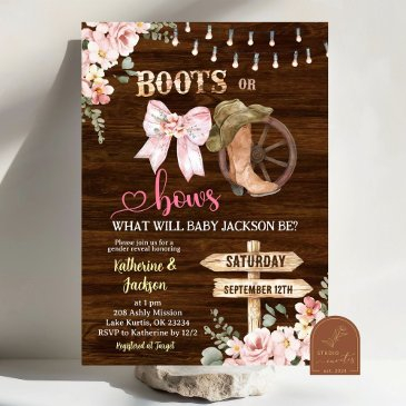rustic wood floral boots or bows gender reveal invitation