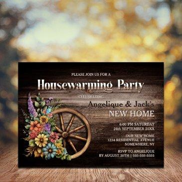 rustic wood floral wagon wheel housewarming party invitation