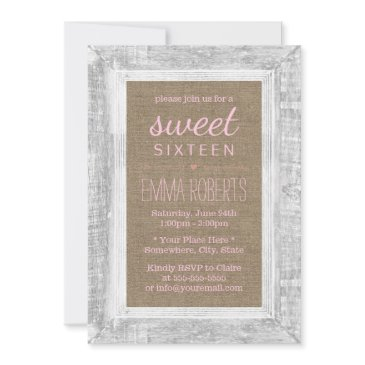 rustic wood frame burlap sweet 16 pink birthday invitation