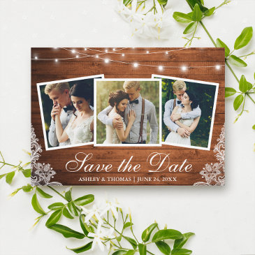 rustic wood lights lace 3 photo save the date invitations
