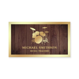Small Rustic Wood Music Teacher Gold Drum Kit Drummer Business Invitations Front View