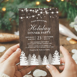 Small Rustic Wood String Light Pines Tree Holiday Party Invitation Front View