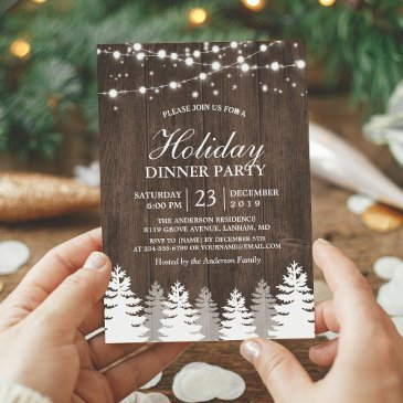 rustic wood string light pines tree holiday party invitation