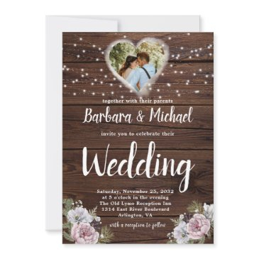 rustic wood string lights photo floral wedding  invitation