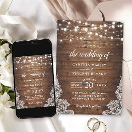 Small Rustic Wood Twinkle String Lights Lace Wedding Invitation Front View