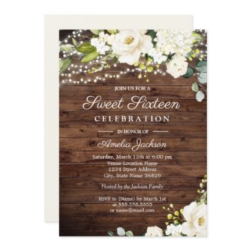 rustic wood white floral lights sweet 16 invitation